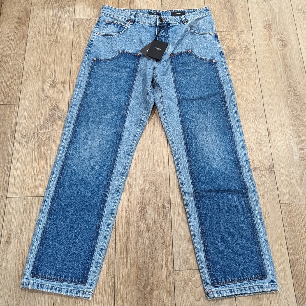 Mens BALMAIN Patchwork Straight Leg Denim Jeans Blue 34